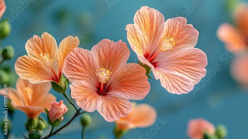 Bright orange hibiscus flower in full bloom against a blue background with gr...