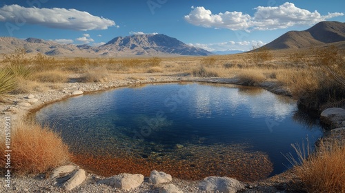 Natural oasis surrounded by mountains and desert landscape under a blue sky