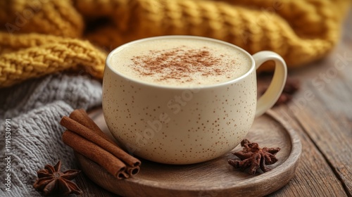 Warm and inviting cup of spiced beverage with cinnamon and star anise on a ru...