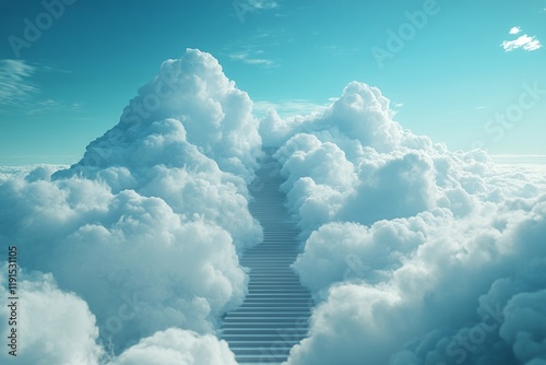 Majestic staircase ascending through clouds under a bright blue sky