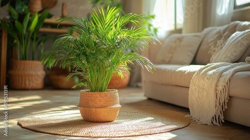Bright indoor living space with a lush potted plant creating a peaceful aesth...