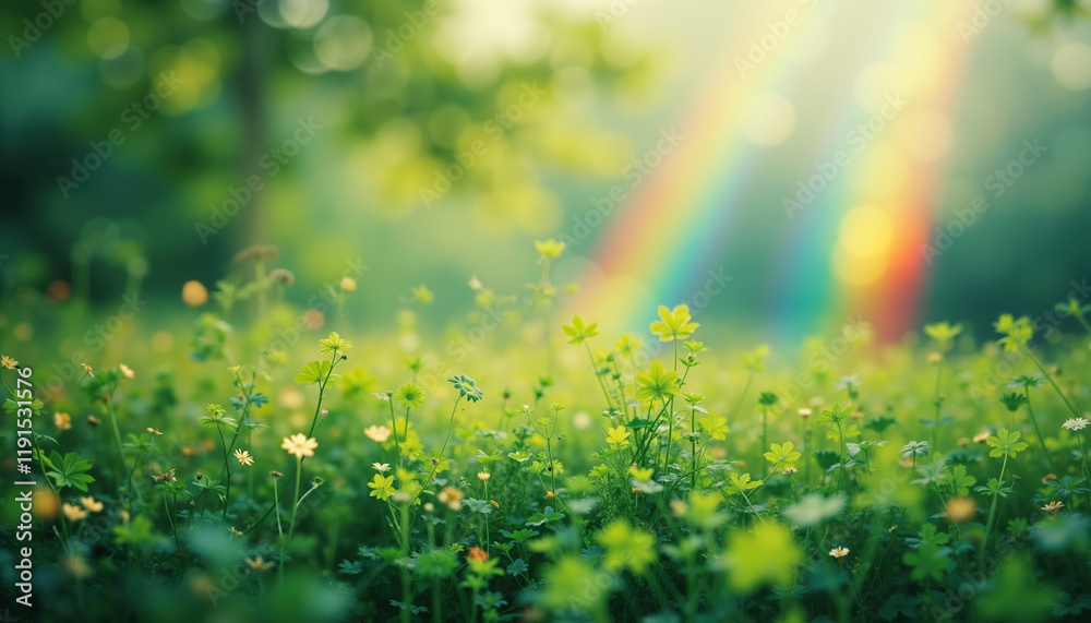 Obraz premium Field of flowers with a rainbow in the background. Scene is bright and cheerful. Banner, poster, background, Copy space. St Patrick's Day
