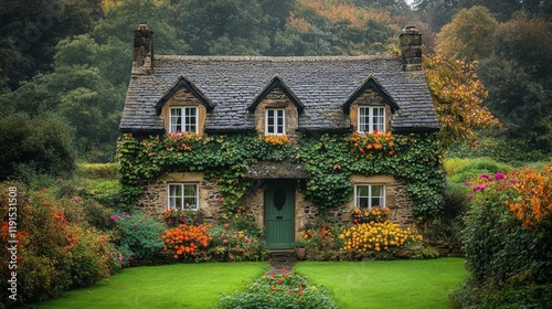 Charming cottage surrounded by vibrant flowers in a serene garden setting on ...