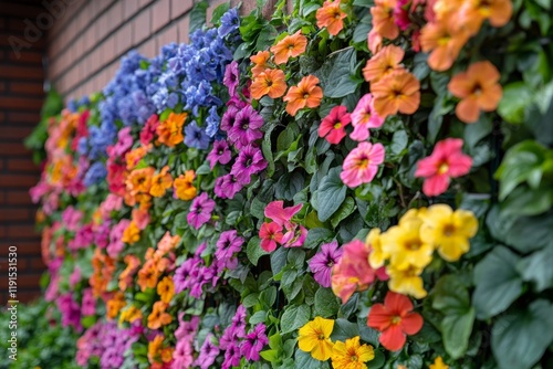 Colorful flower wall with vibrant blooms in a garden setting during springtime