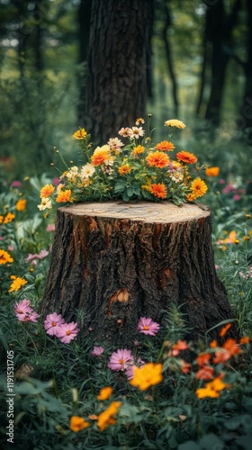 Beautiful forest clearing with vibrant flowers surrounding a tree stump durin...
