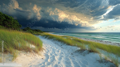 Dramatic cloudy sunset over sandy beach and grassland along the coastline