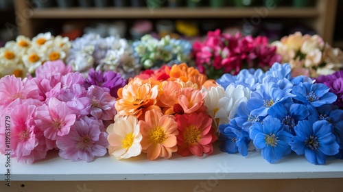 Colorful display of artificial flowers arranged on a table in a craft workshop