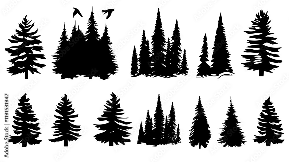 Obraz premium Wildlife forest trees silhouettes. black tree vector on white background