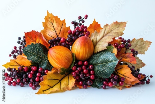 Vibrant autumn arrangement featuring colorful leaves, berries, a photo