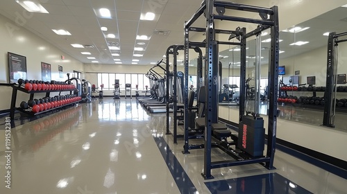 Fitness center with various workout equipment and wooden flooring during dayl...