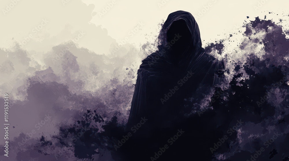 Mysterious Hooded Figure In A Dark Abstract Landscape Mysterious Hooded Figure In A Dark Abstract Landscape