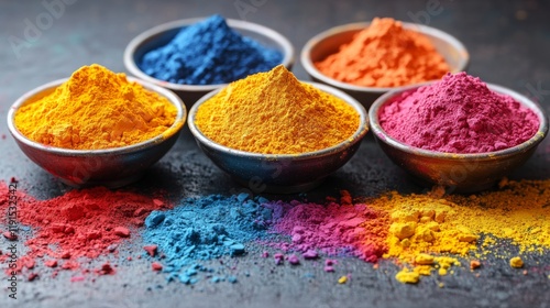 Colorful assortment of spices displayed in wooden bowls on a kitchen countertop