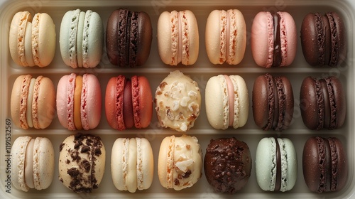 Colorful assortment of macarons displayed in an elegant tray for a special oc...