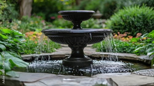 Tranquil water fountain surrounded by lush greenery in a serene garden setting