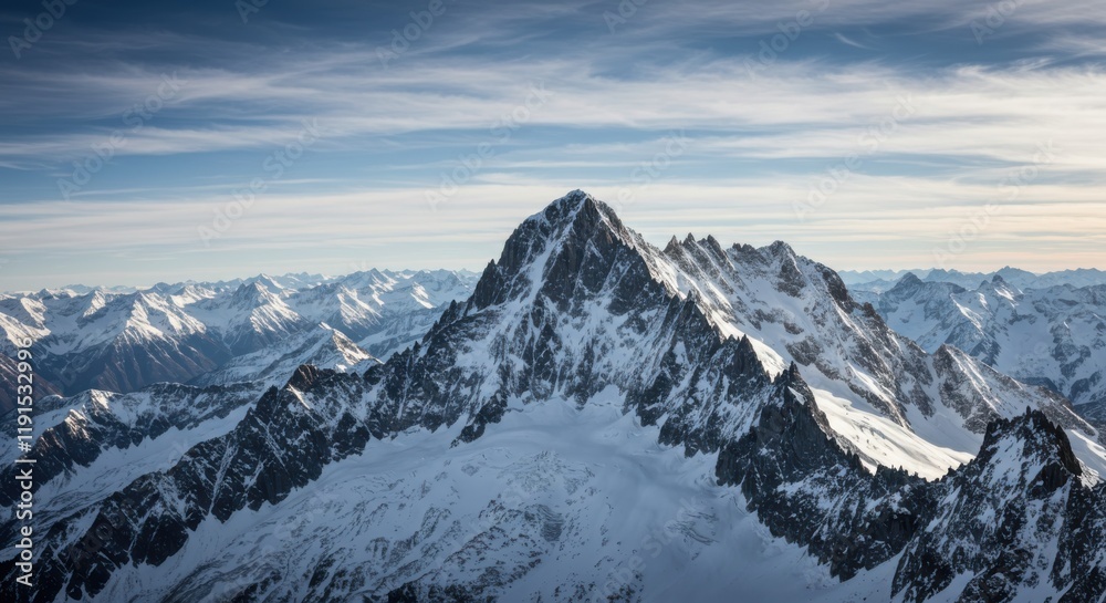Aerial view of majestic snow-capped mountain peaks, rugged alpine landscape, vast mountain range, dramatic jagged ridges, pristine white snow, deep blue sky with wispy clouds, crisp winter sunlight, h Aerial view of majestic snow-capped mountain peaks, rugged alpine landscape, vast mountain range, dramatic jagged ridges, pristine white snow, deep blue sky with wispy clouds, crisp winter sunlight, h