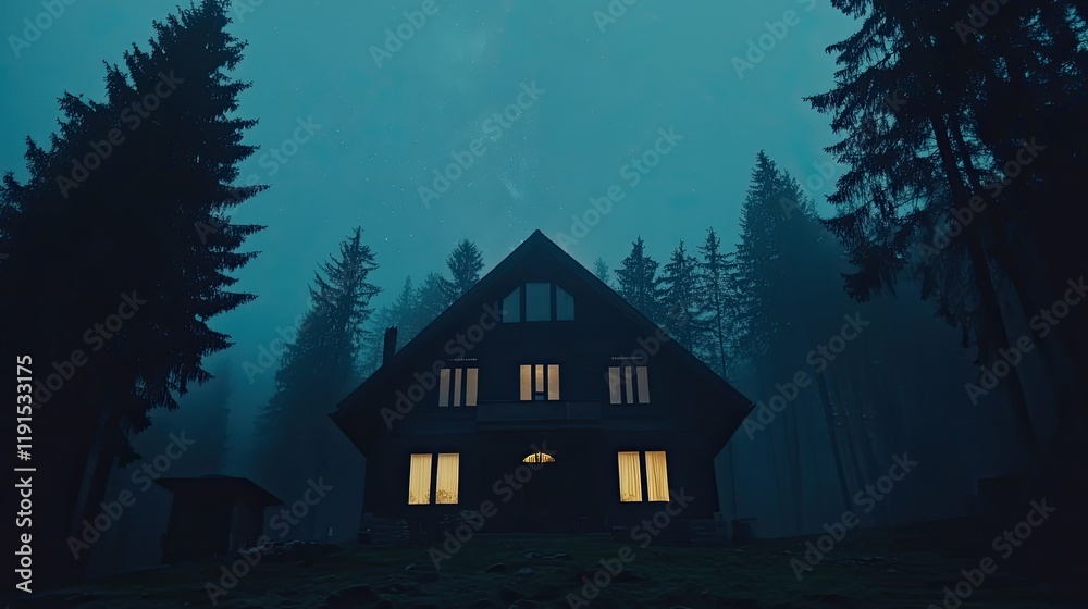 A Lighted House Stands in a Dark Forest at Night A Lighted House Stands in a Dark Forest at Night