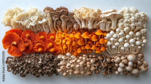 Colorful assortment of fresh mushrooms displayed on a kitchen counter with herbs