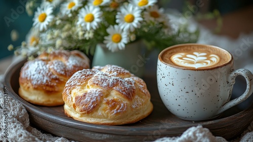 Enjoying freshly baked pastries and coffee in a cozy cafe setting on a beauti...
