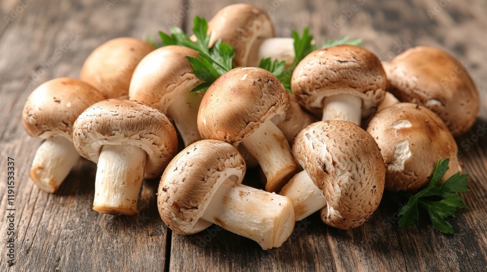 Fresh mushrooms on wooden table ready for culinary preparation or recipe use Fresh mushrooms on wooden table ready for culinary preparation or recipe use