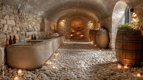 Wine cellar with stone walls and warm lighting showcasing various bottles and...