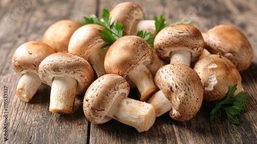 Fresh mushrooms on wooden table ready for culinary preparation or recipe use