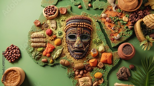 Creative African Continent Map Crafted With Grains, Nuts, Seeds, and Spices, Featuring Cultural Symbolism and Traditional Elements Highlighting Diversity and Heritage in Vibrant Artistic Representatio photo