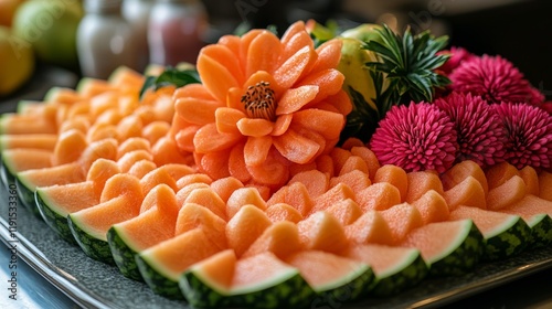 Fresh fruit assortment featuring watermelon, kiwi, and melons in a vibrant di...