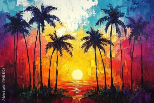 Vibrant sunset over ocean with palm trees creating a tropical paradise atmosp...