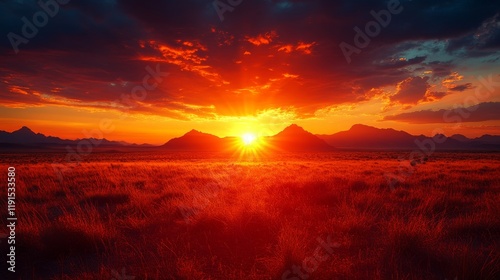 Beautiful sunset over mountains with vibrant orange and red colors illuminati...