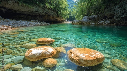Colorful stones under clear water showcasing vibrant textures and reflections...