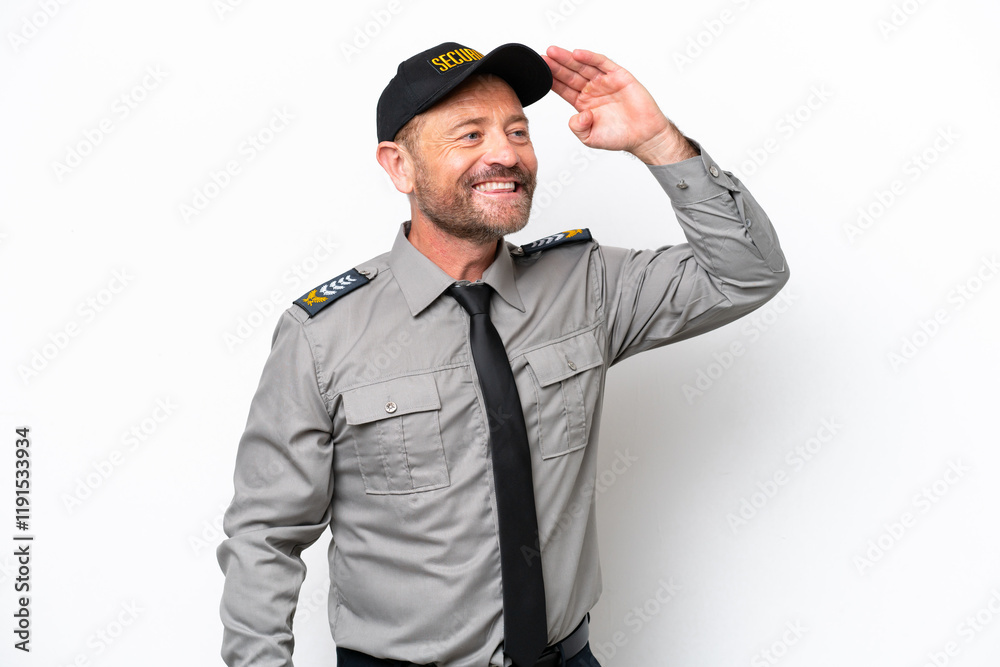 Middle age security man isolated on white background has realized something and intending the solution Middle age security man isolated on white background has realized something and intending the solution