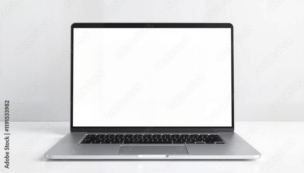 Laptop on white table with blank screen Laptop on white table with blank screen