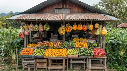 Colorful fruit market displays fresh produce in a rural setting during daytime