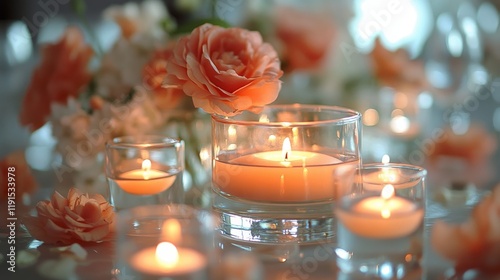 Elegant table setting with candles and flowers for a romantic evening dinner