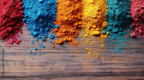 Colorful powders spread on wooden surface for artistic creation or festival c...