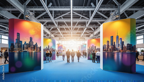 Colorful trade show banners in convention center, vibrant presentation