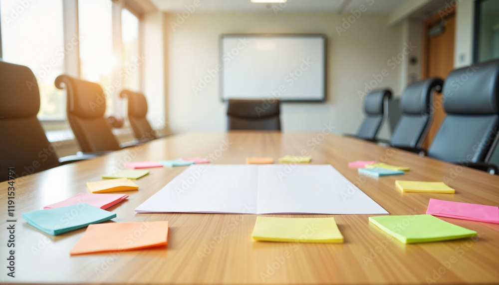 A4 paper surrounded by sticky notes in sunlit boardroom, professionalism A4 paper surrounded by sticky notes in sunlit boardroom, professionalism