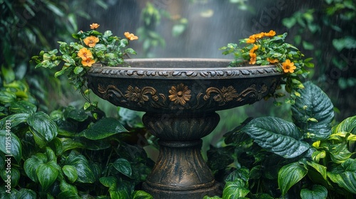 Serene garden birdbath surrounded by lush greenery and vibrant flowers in a t...
