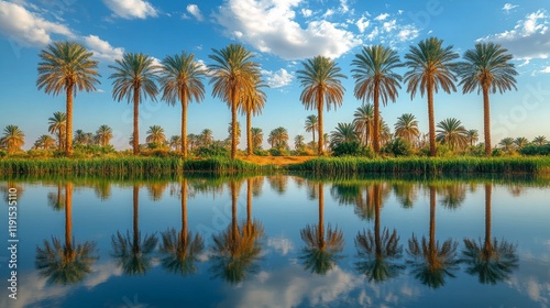 Tranquil lake surrounded by palm trees and mountains under a sunny sky