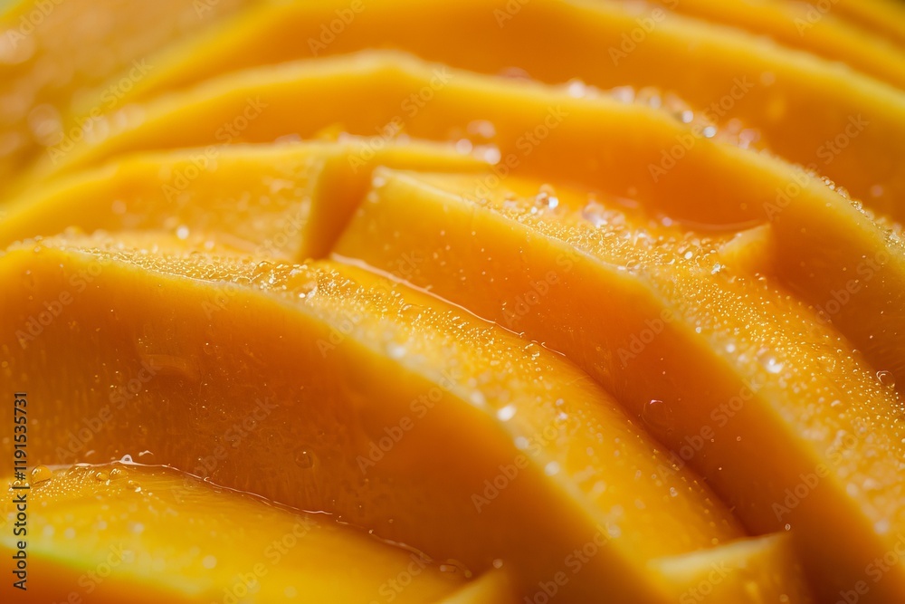 Close up of overlapping mango slices revealing juicy texture and vibrant color Close up of overlapping mango slices revealing juicy texture and vibrant color