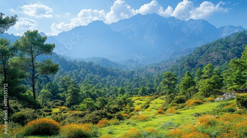 Lush green valley with vibrant wildflowers and majestic mountains under a blu...