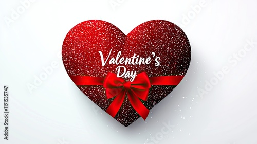 A glossy red heart-shaped gift box with a bow, set on a white background, with "Valentine's Day" elegantly written.