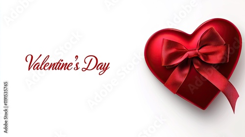 A glossy red heart-shaped gift box with a bow, set on a white background, with "Valentine's Day" elegantly written.
