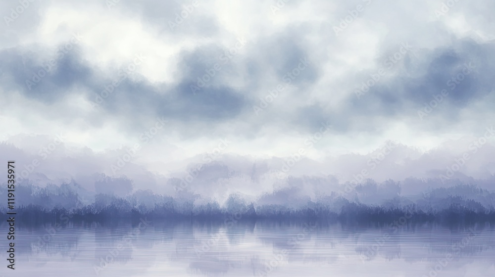 Fototapeta premium Serene Misty Landscape Reflecting In Calm Water