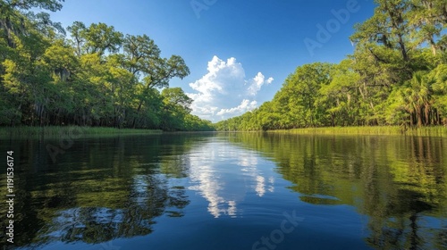 Tranquil river reflecting blue sky and lush greenery in remote wilderness area