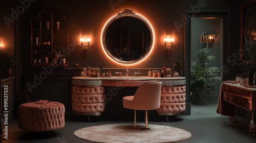 Elegant vanity setup with illuminated mirror in a stylish bathroom during eve...