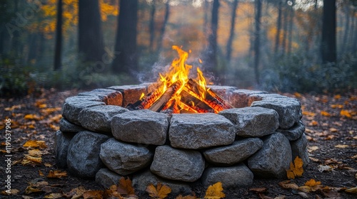 Cozy campfire in autumn woods with sunset and tent in background