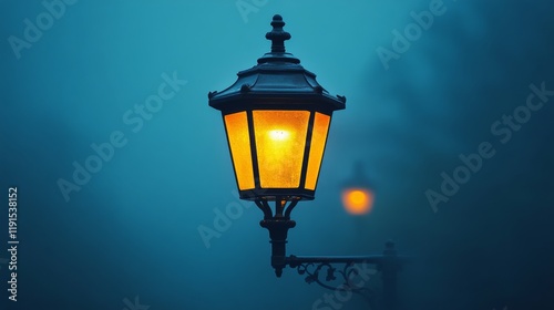 Soft glow of vintage street lamps illuminating a foggy evening path at dusk