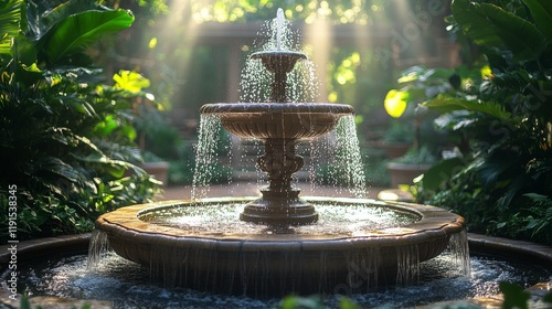 Tranquil water fountain surrounded by lush greenery in a serene garden setting