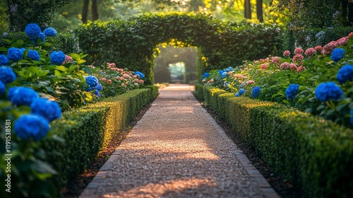 Lush garden pathway lined with vibrant flowers under a green archway in a ser...